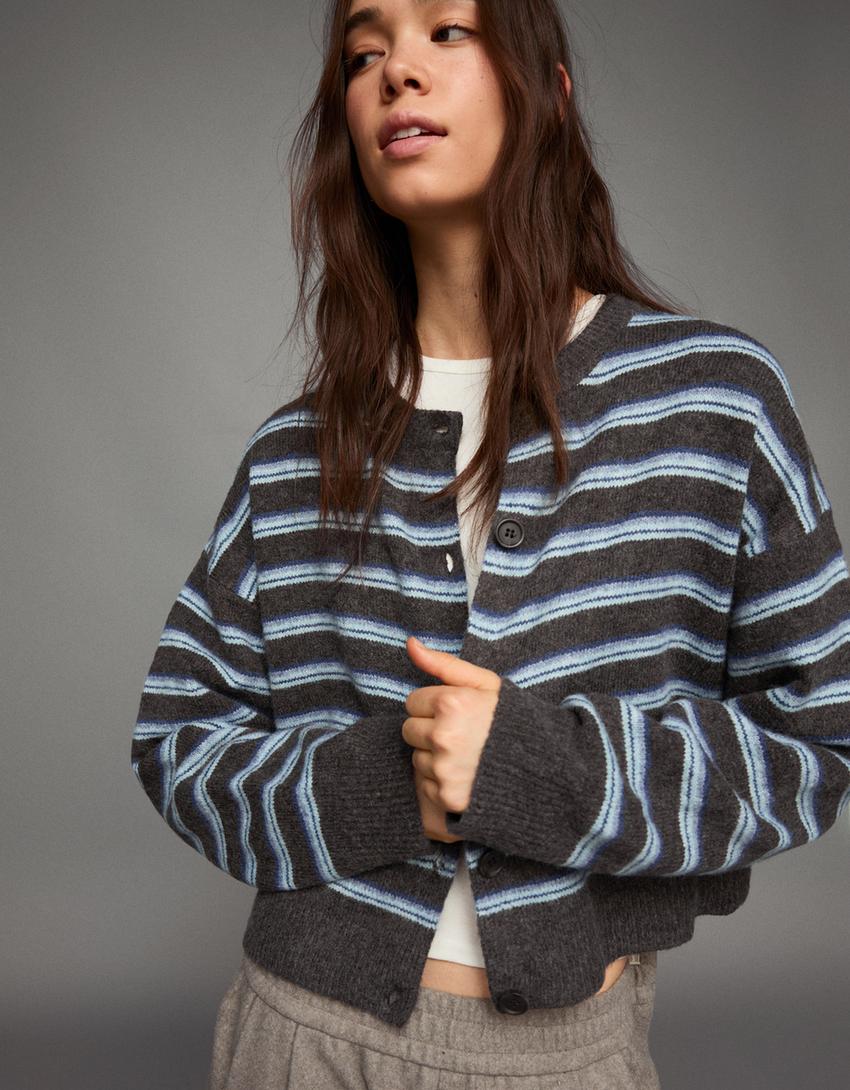 Striped button-up cardigan-Brown