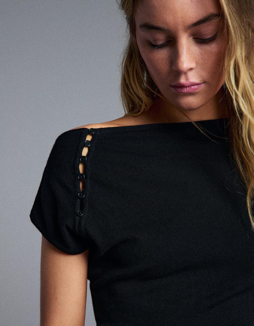 Short sleeve button sweater-Black