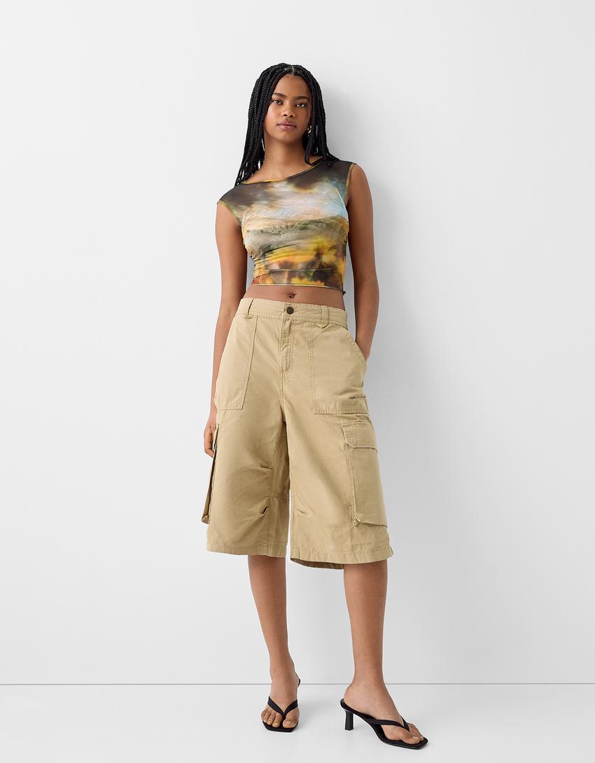 Sırt dekolteli kolsuz tül t-shirt-Sarı-3