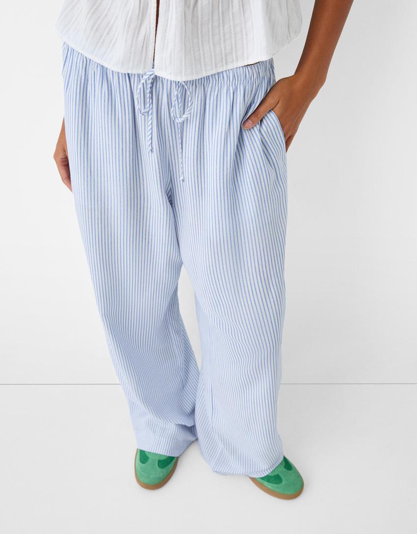 بنطال مخطط بقصّة مستقيمة وشريط خصر مرن-أزرق فاتح-4