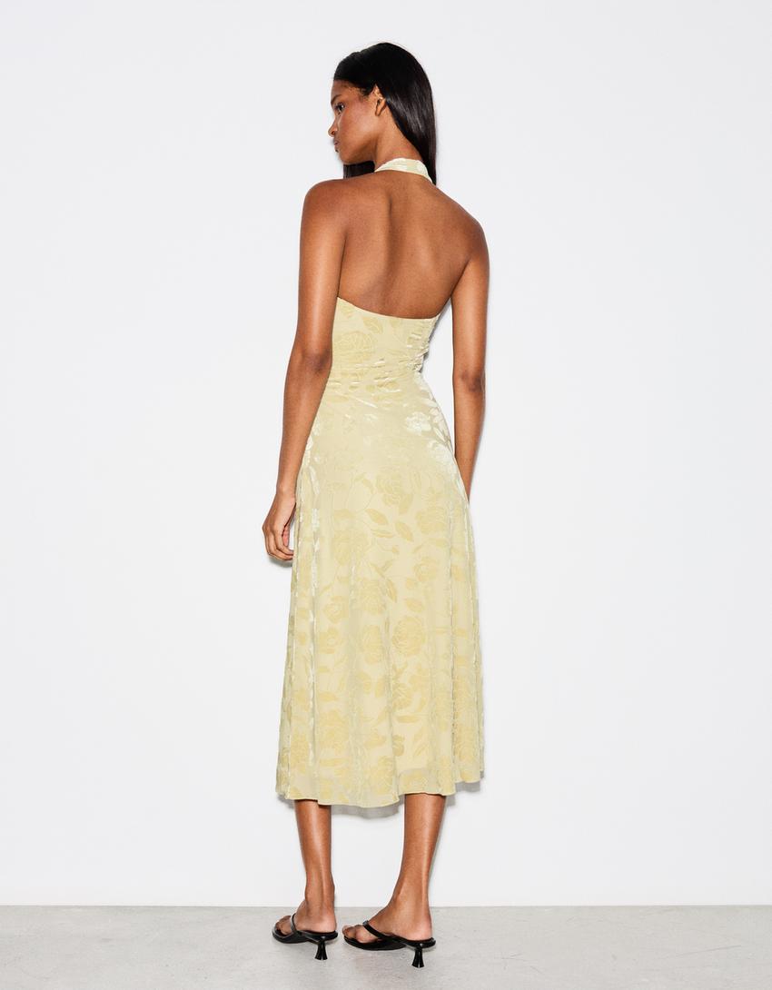 Flocked tulle halter midi dress-Green