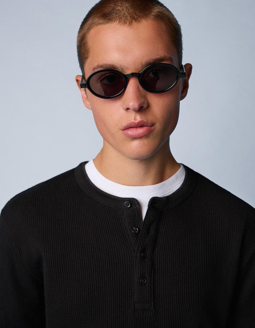 Camiseta manga longa henley slim fit-Negro