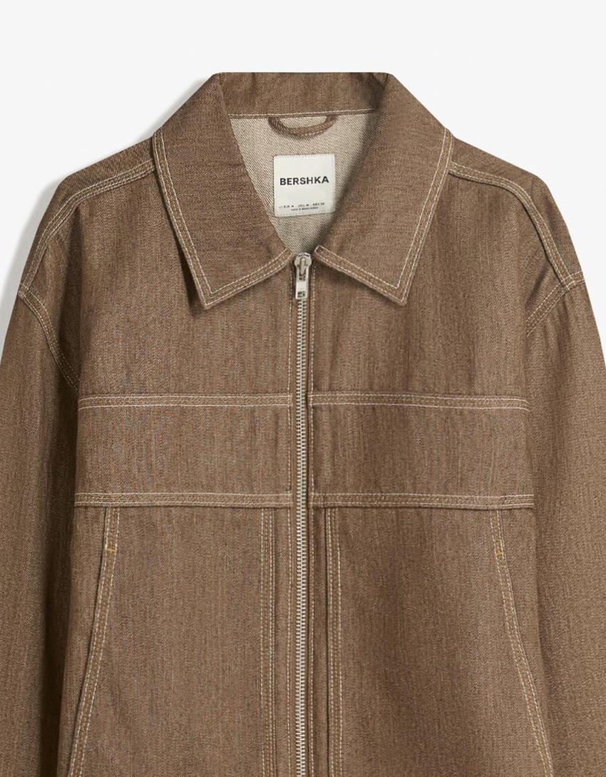 Chemise en denim à fermeture éclair-Marron-2