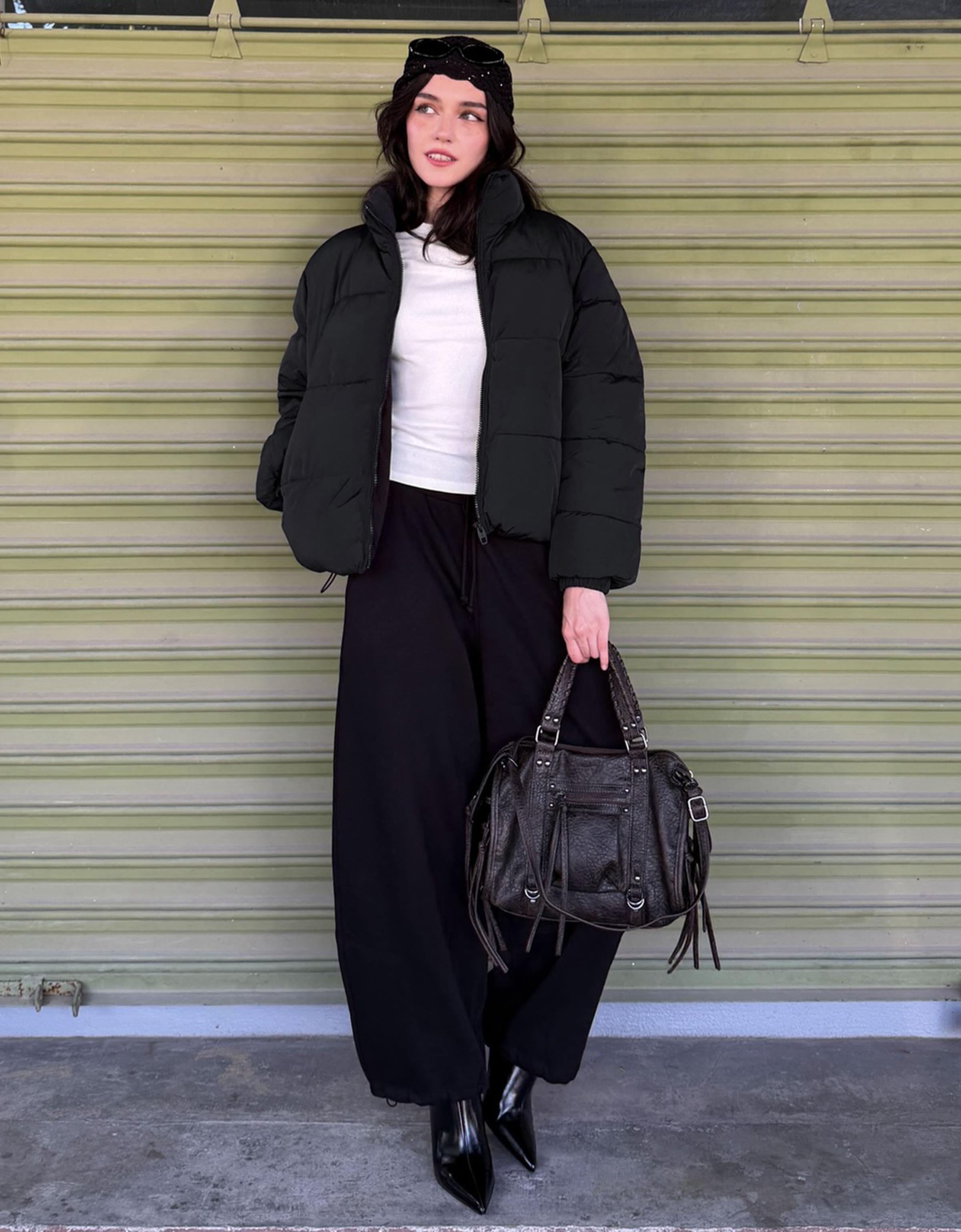 Padded funnel neck jacket — Black