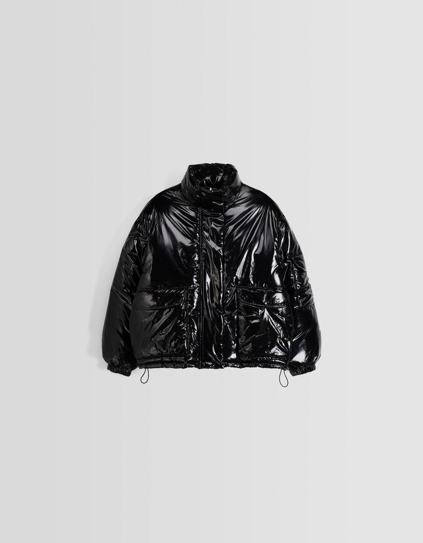 Oversize vinyl-effect puffer jacket-Black-4