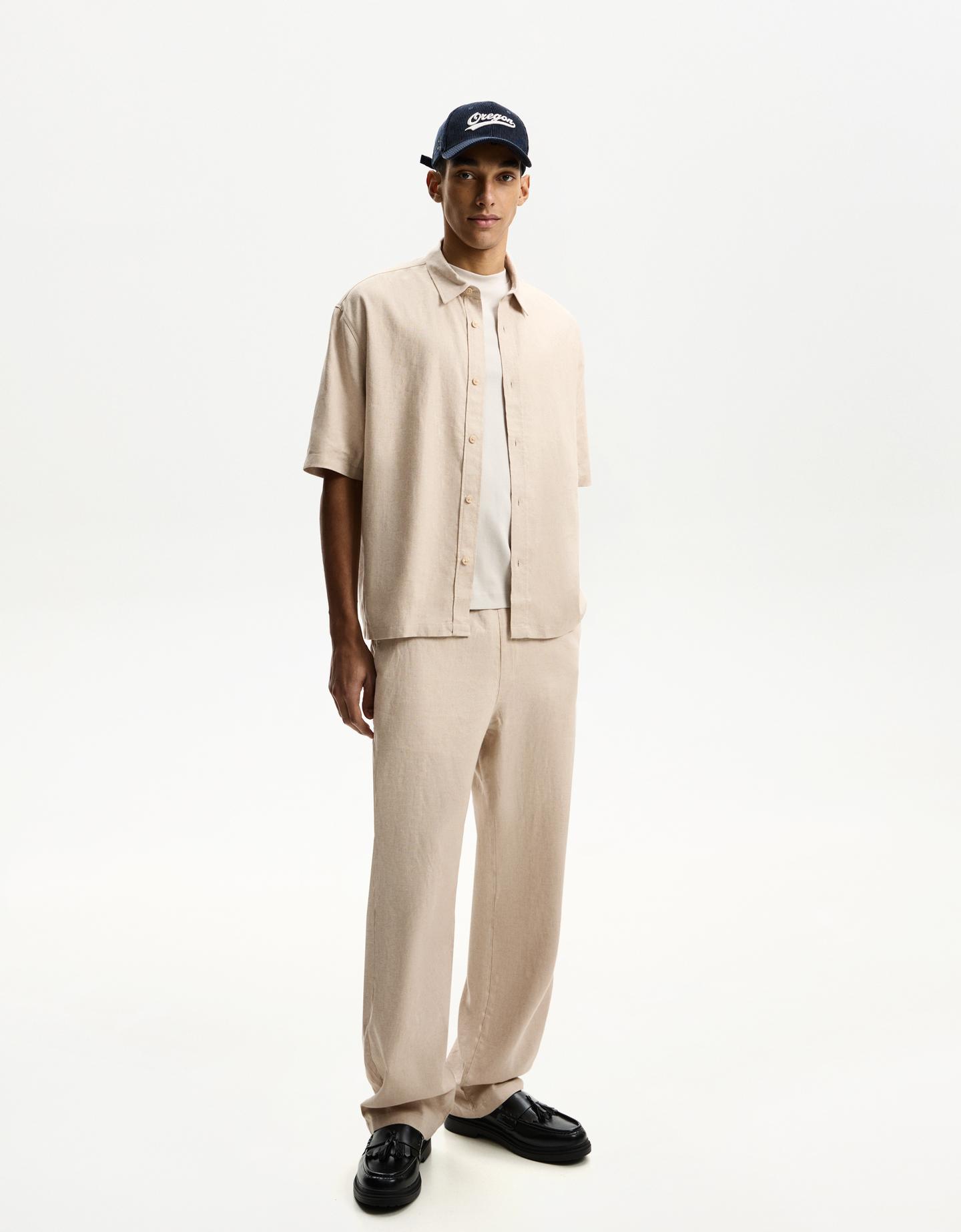 Bershka Pantalón Wide Jogger Con Lino Hombre S Arena