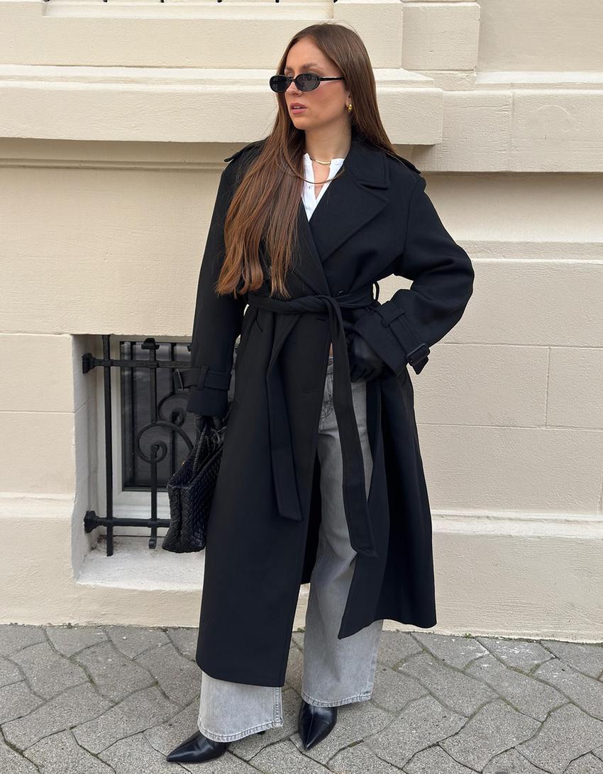 Oversize wool blend coat with belt-Black