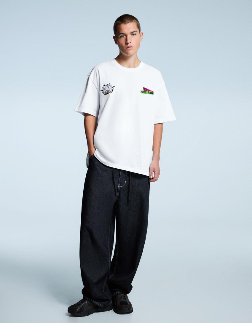 T-shirt Bershka Music DICE manga curta estampado-Branco