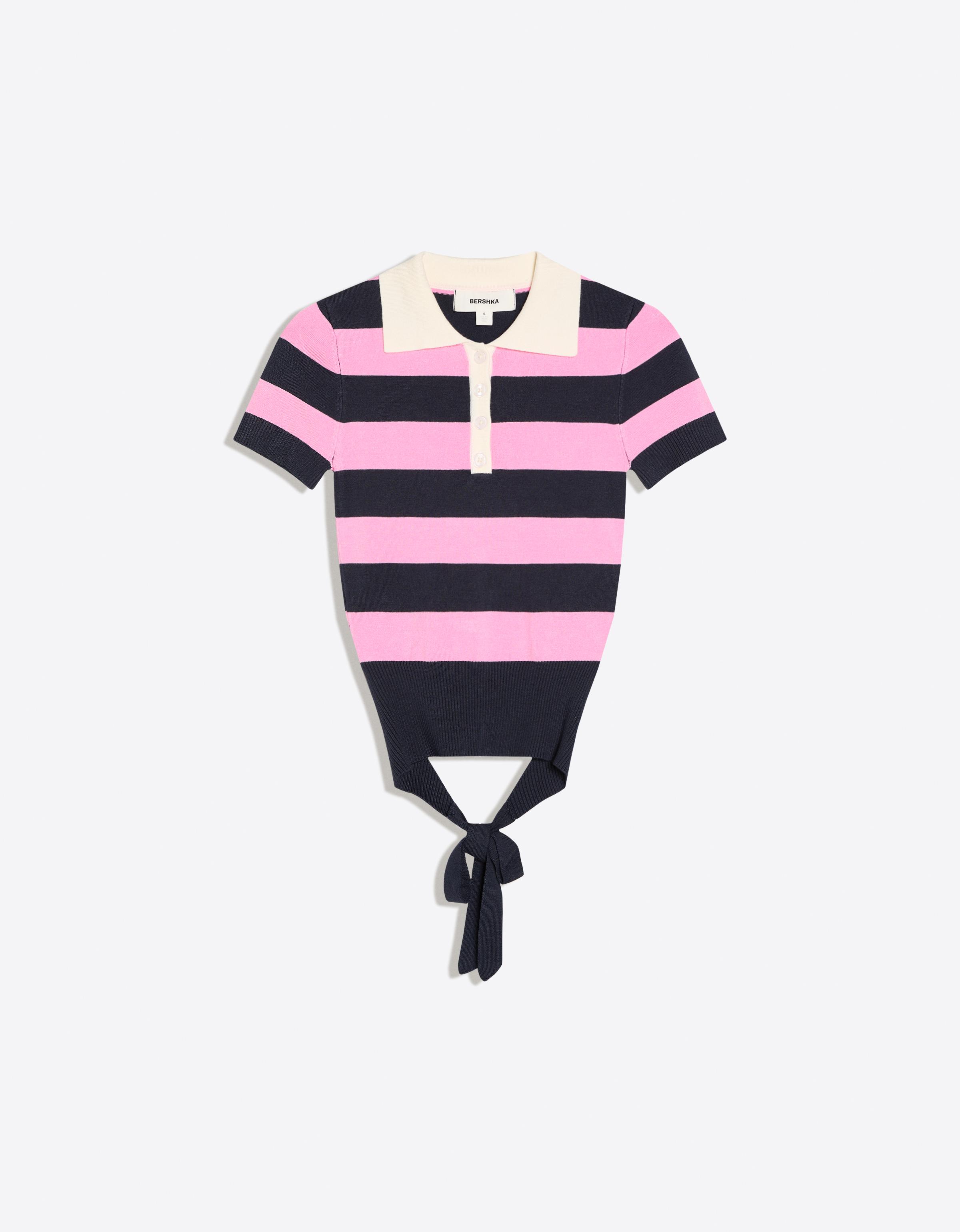 Short-sleeved stripe knit jumper — Pink