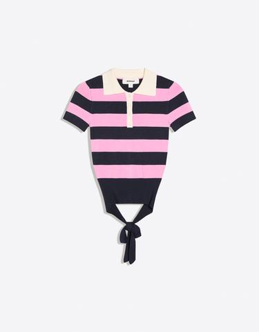 Striped short sleeve knit polo sweater — Pink 5