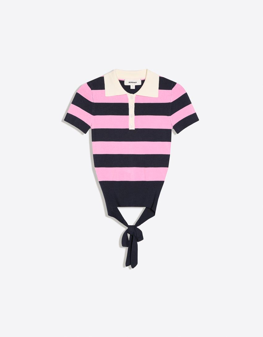 Short-sleeved stripe knit jumper-Pink