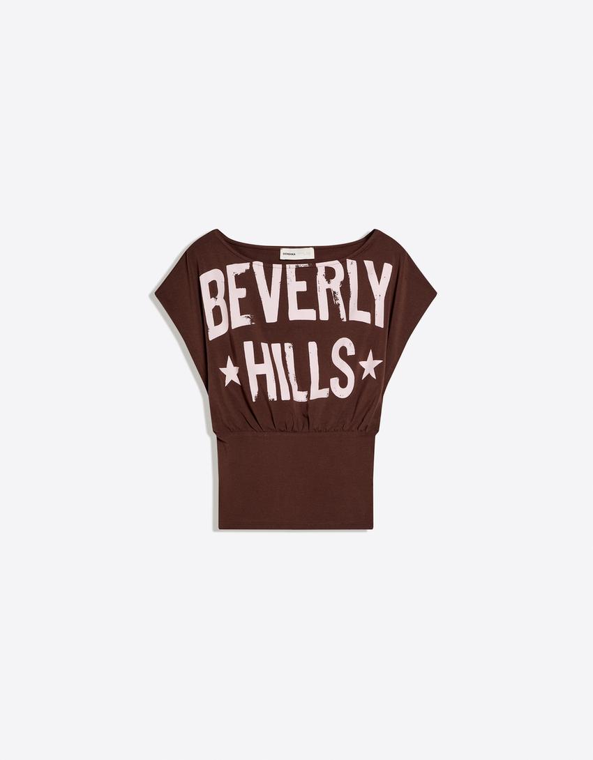 Short sleeve asymmetric print T-shirt-Brown