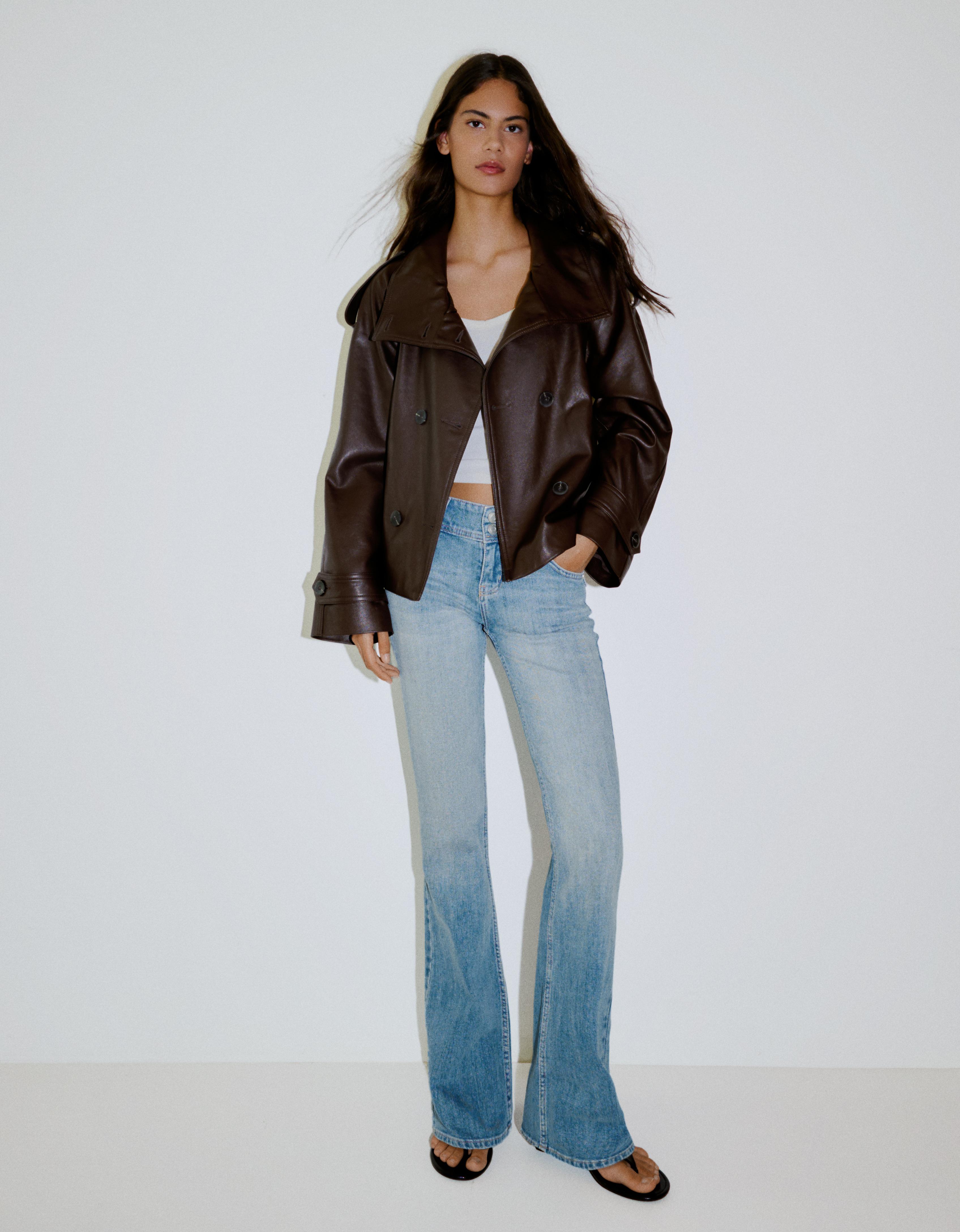 Short leather effect trench jacket — Brown