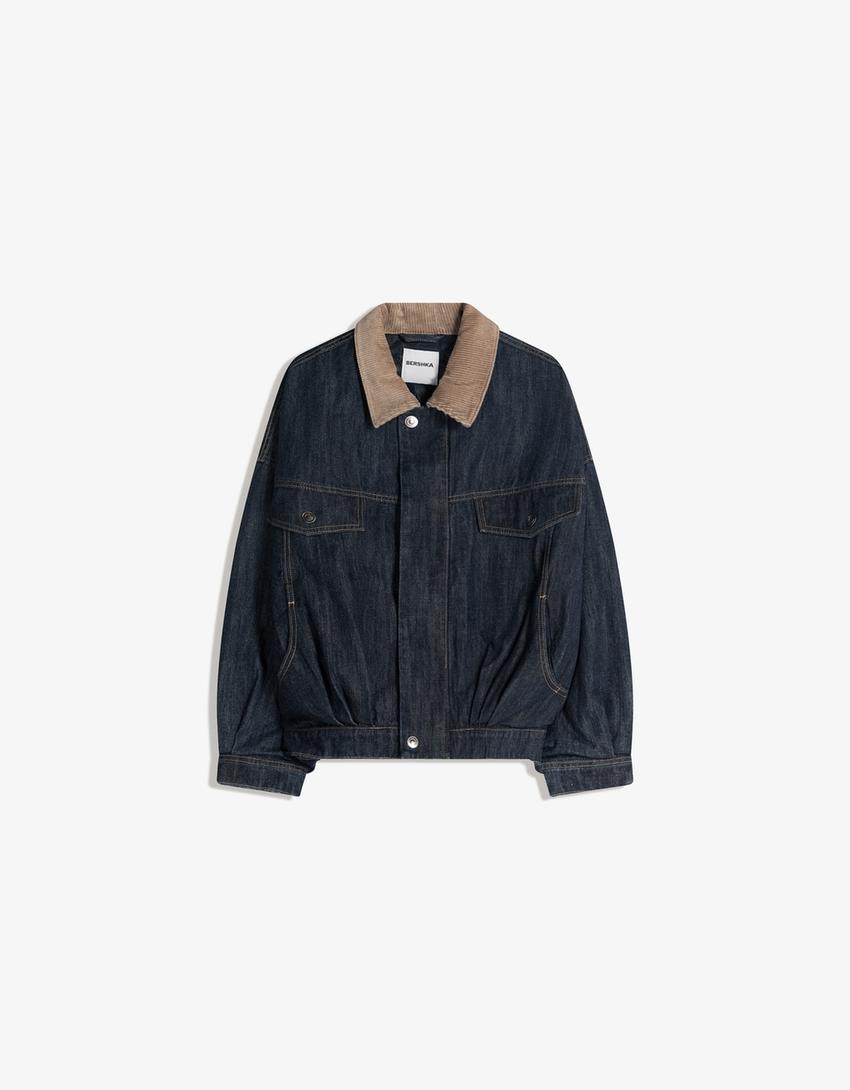 Oversize denim jacket with contrast collar-Navy