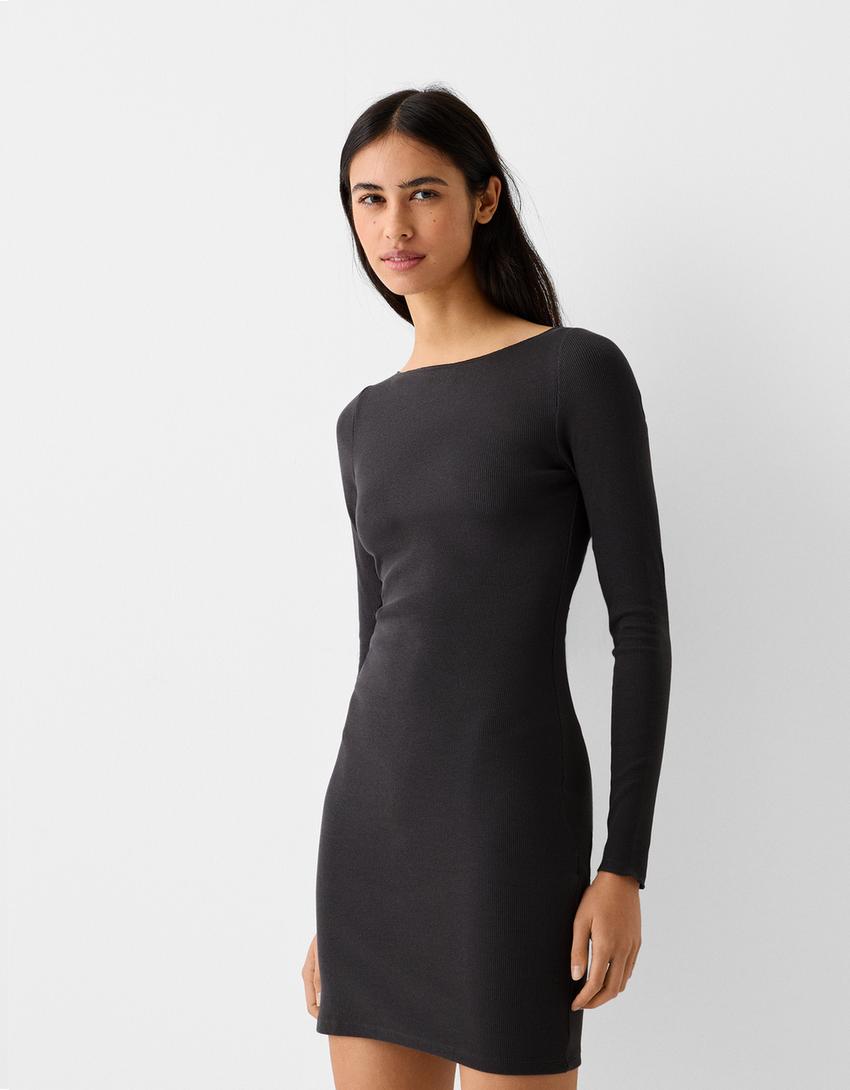 فستان ميدي محاك ومضلع بأكمام طويلة وياقة بوت-رمادي داكن-2