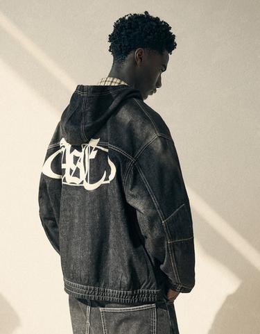 Denim jacket with hood and back embroidery — Black 4