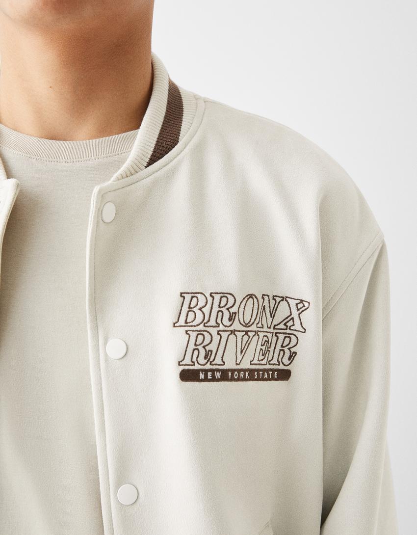 Faux suede embroidered bomber jacket-Stone