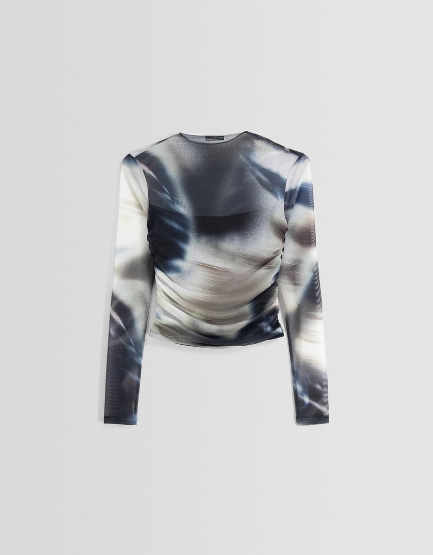 تيشرت تول بزمة وأكمام طويلة-رمادي-4