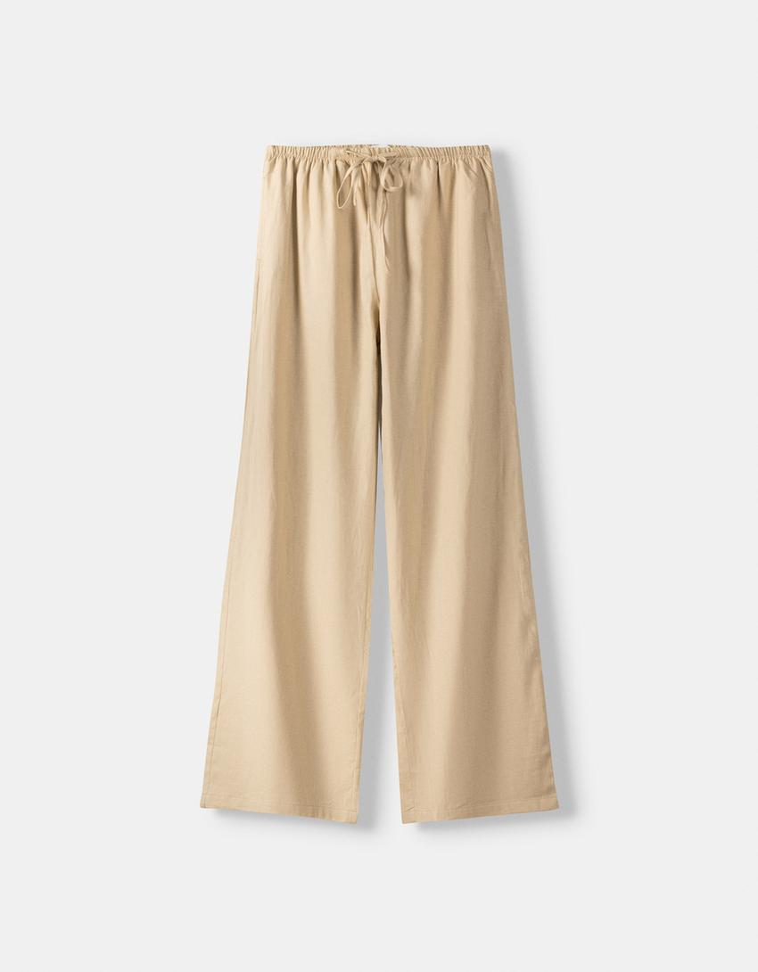 Pantaloni straight fit in misto lino con vita elasticizzata-Sabbia-4