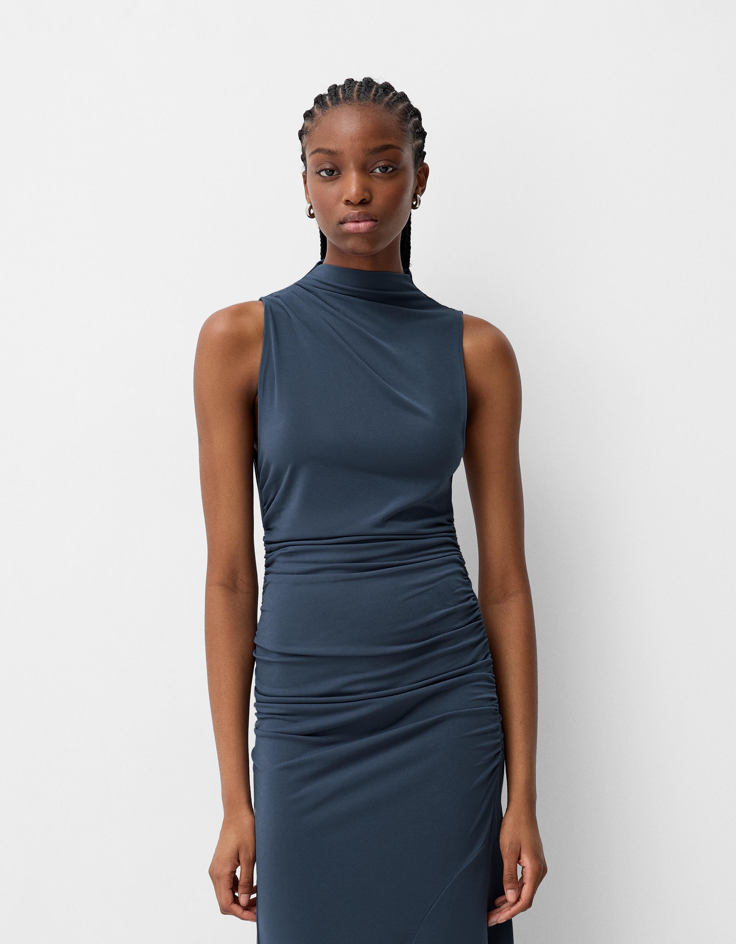 Bershka Midikleid Mit Raffung Damen L Dunkelgrau