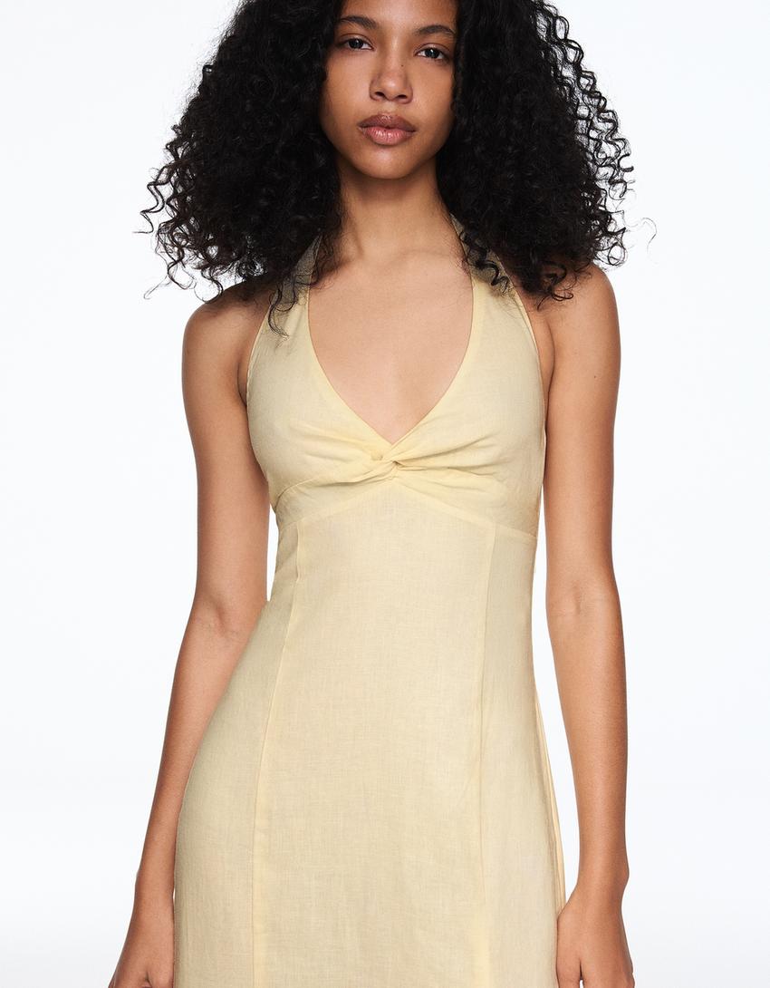 Halter midi dress with linen-Yellow