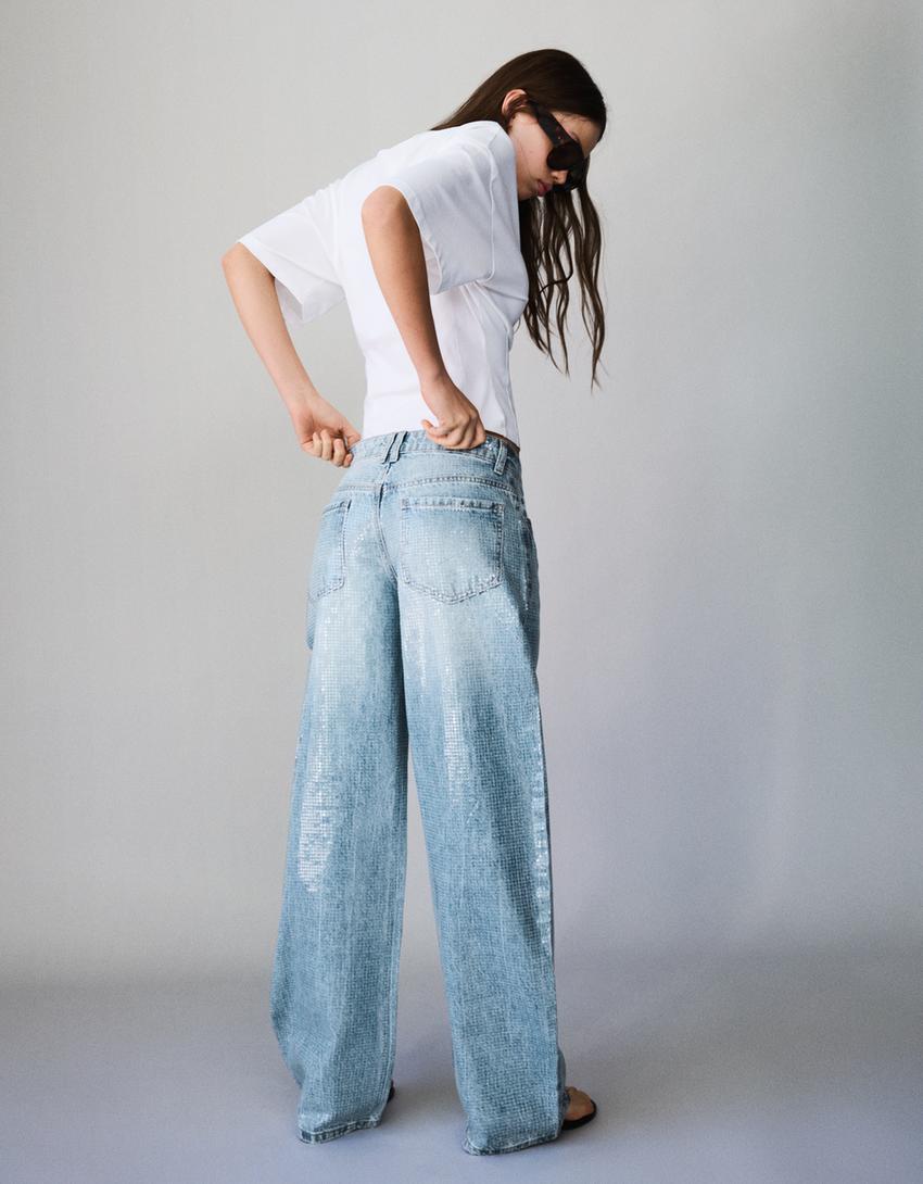 Baggy Barrel Jeans mit Pailletten-Ausgewaschenes Blau