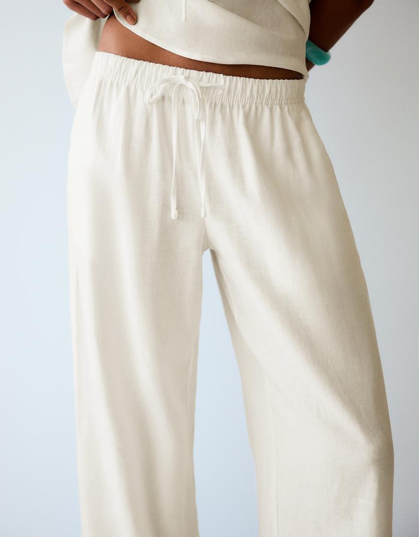 Pantalon taille élastique-Blanc cassé