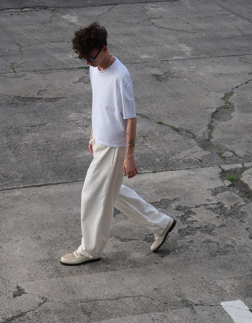 Tailored fit linen blend baggy trousers-Off white-2