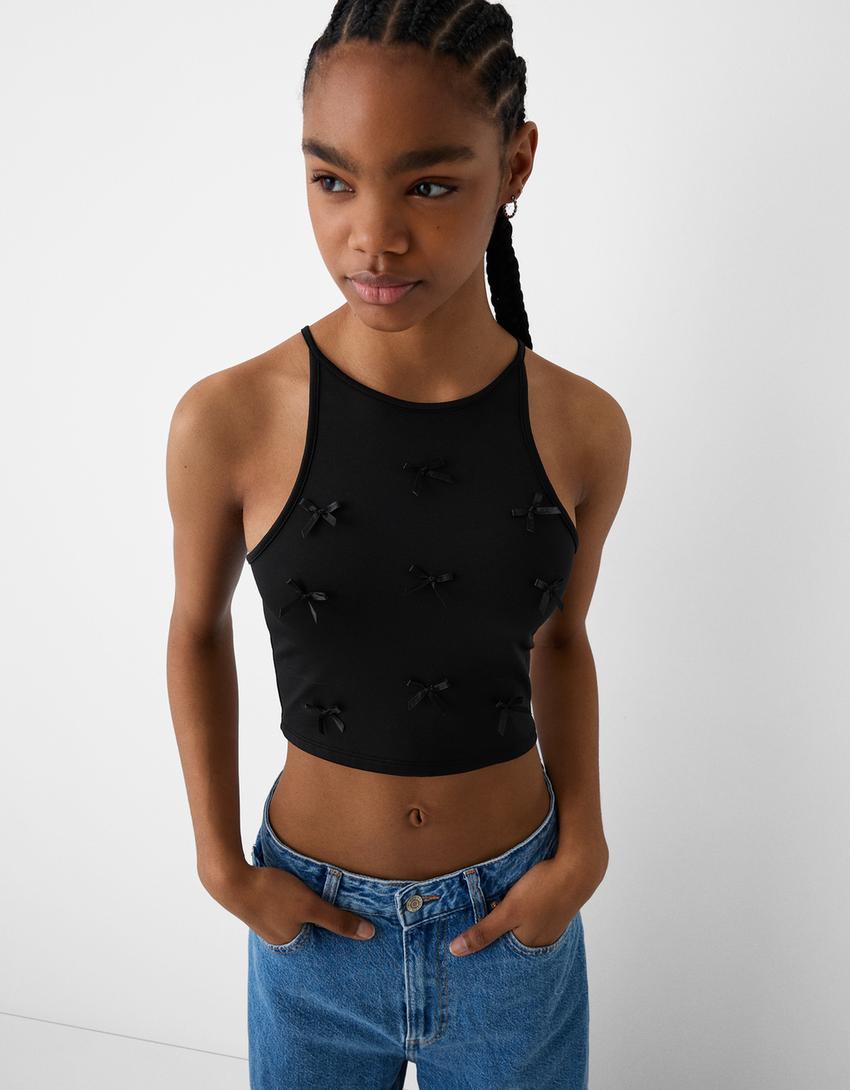 Fiyonklu halter yaka top-Siyah-5