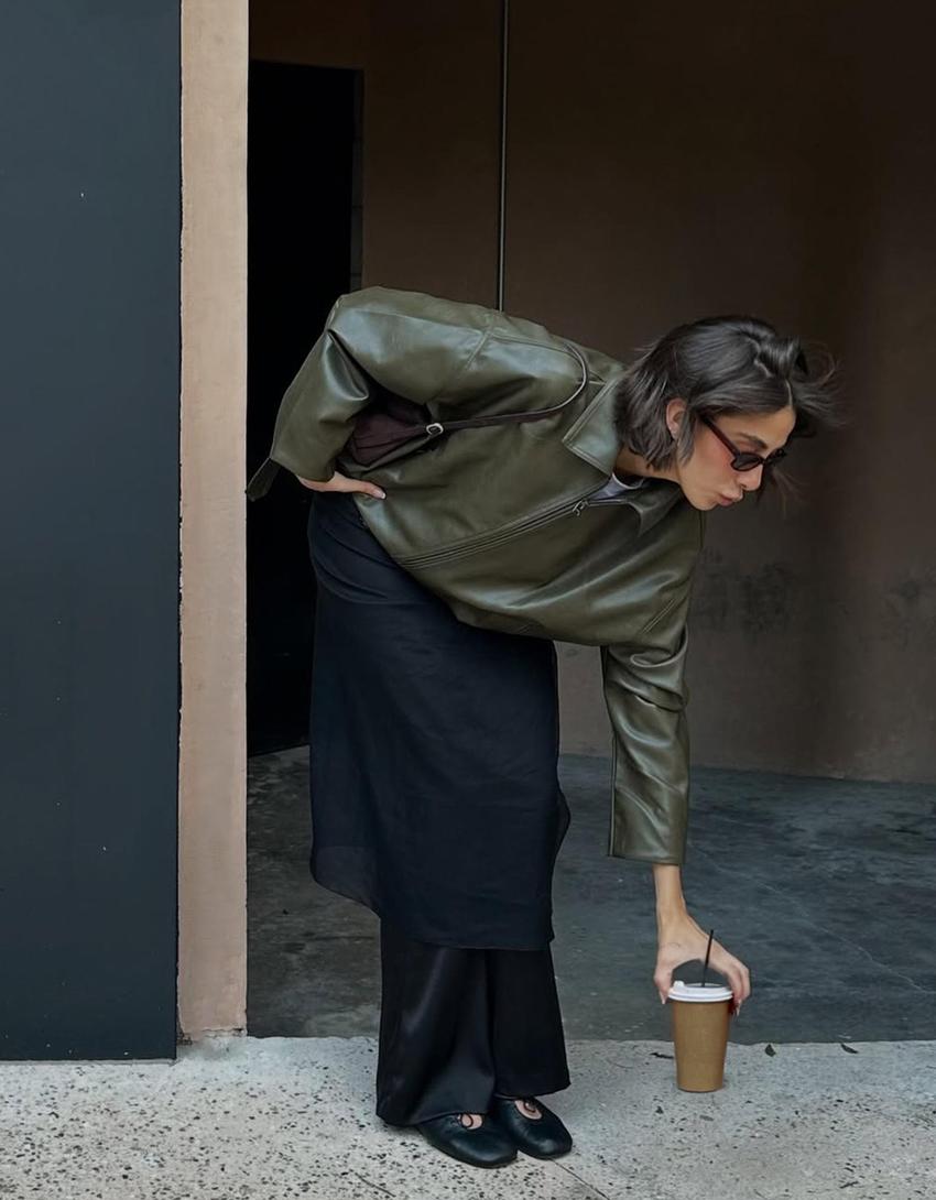 Faux leather bomber jacket with belt-Khaki