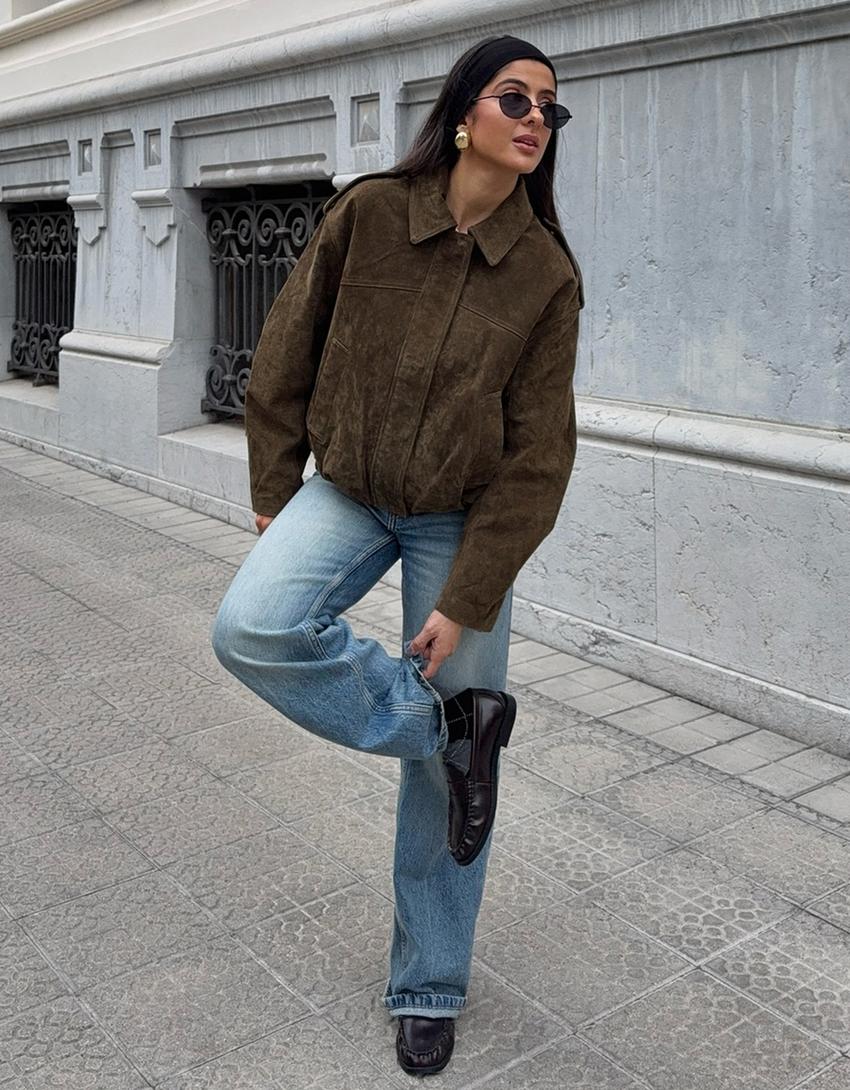 Blouson cuir daim-Kaki