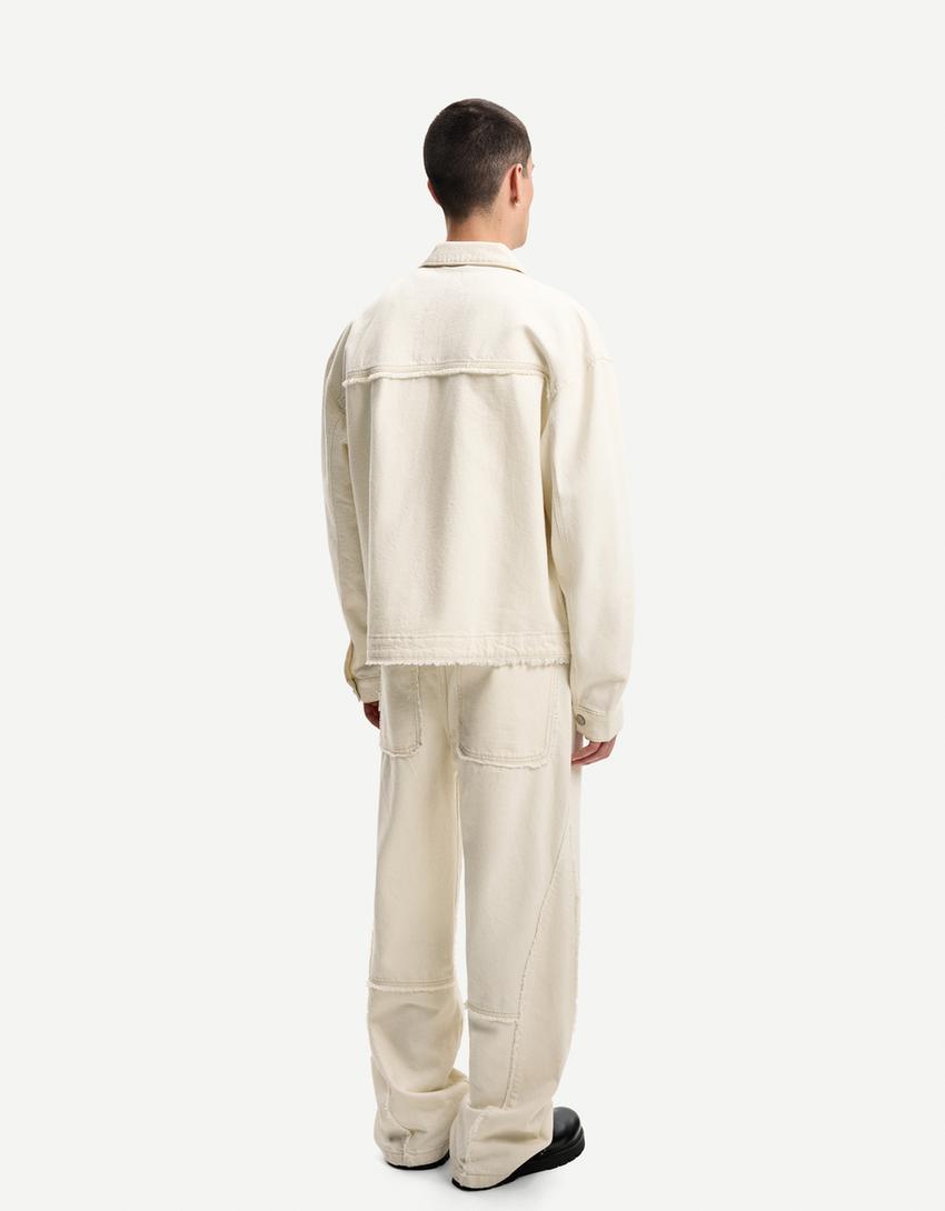Oversize-Jeansjacke mit Fransen-Rohweiß-1