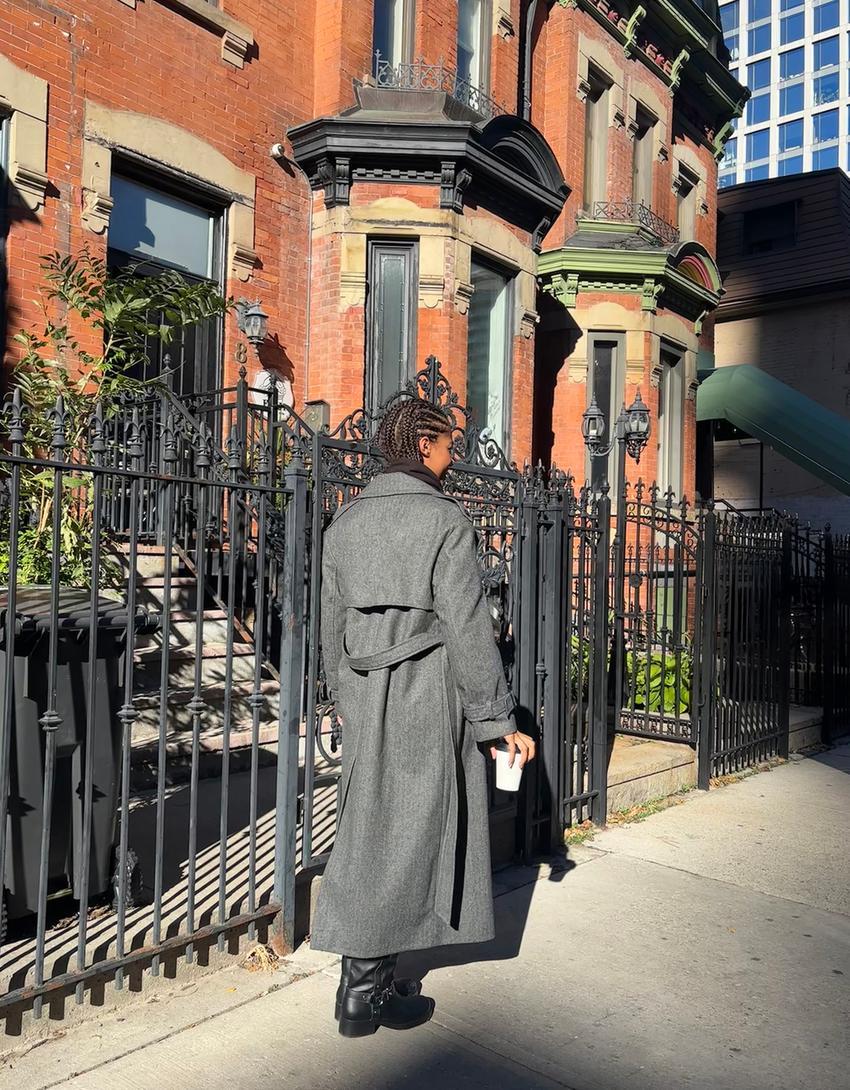 Sobretudo trench com lã oversize-Cinza