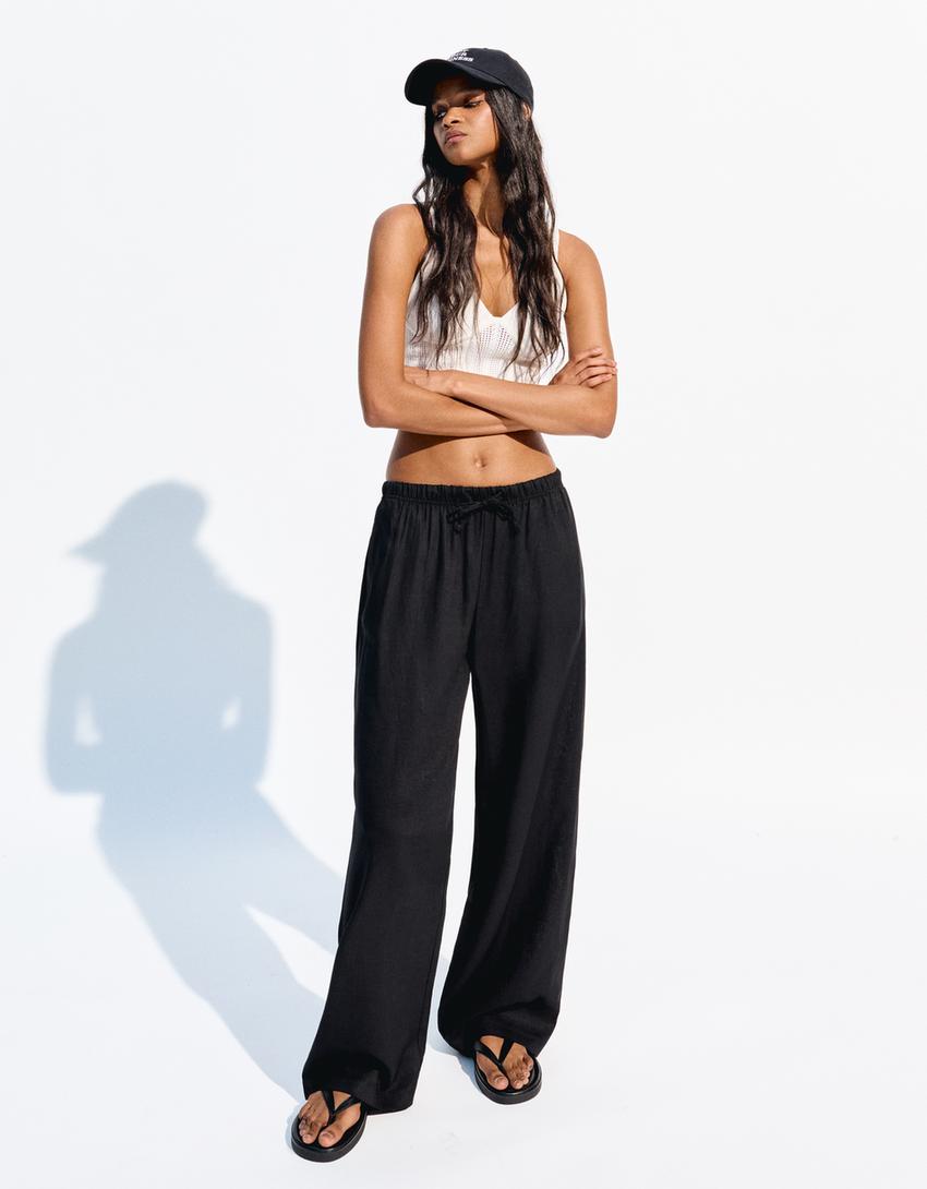 Pantalón con lino goma cintura-Negro