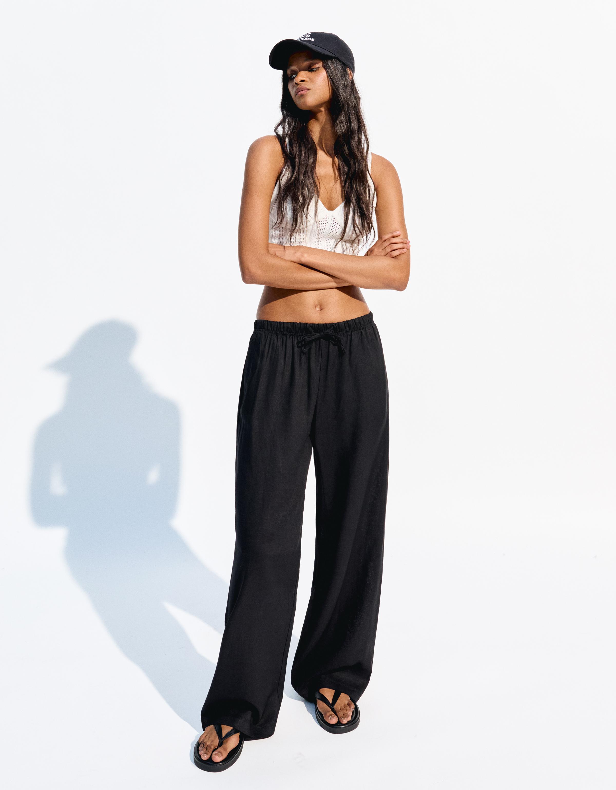 Bershka Leinenhose Mit Gummibund Damen Xxs Schwarz
