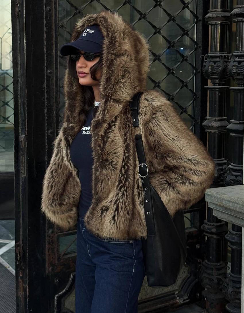 Hooded faux fur jacket-Brown