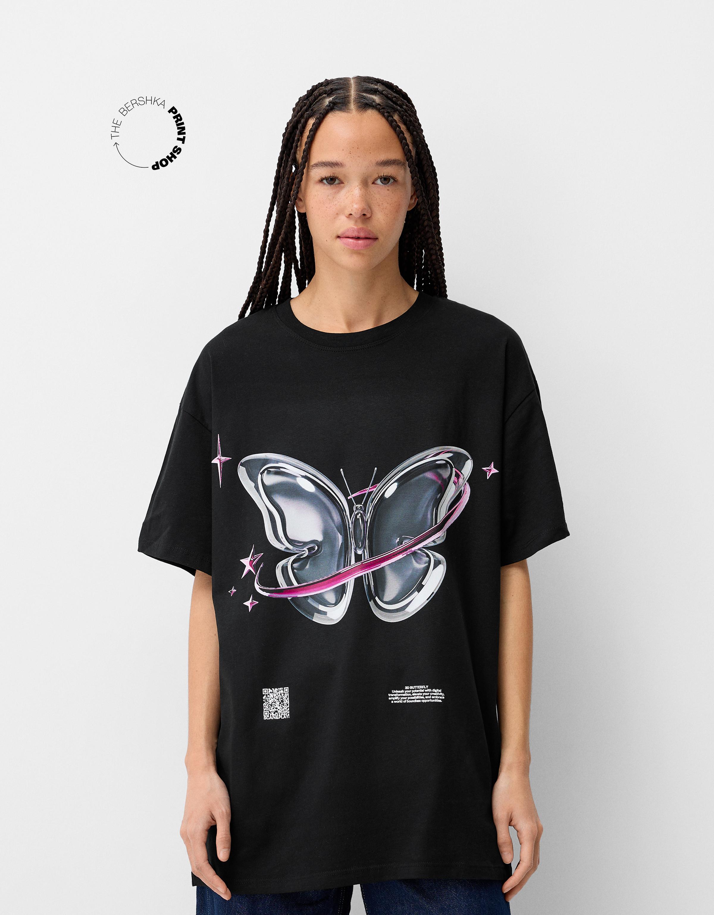 Bershka Oversize-T-Shirt Bershka Wearable Art Mit Kurzen Ärmeln Damen 10-12 Schwarz