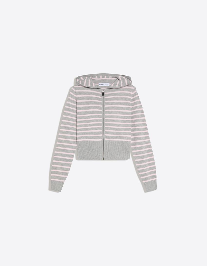 Zip-up striped hoodie-Pink
