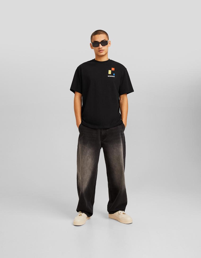 تيشرت فضفاض بأكمام قصيرة بيت موندريان-أسود-3