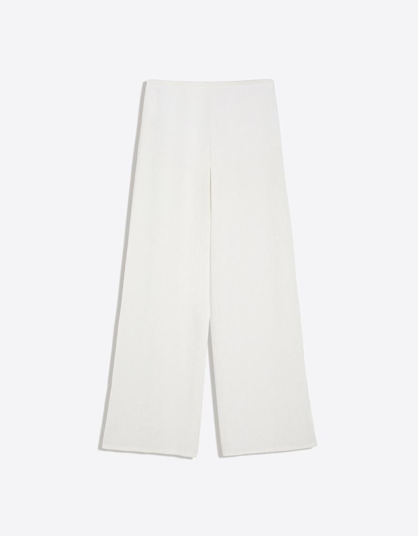 Pantalon wide leg taille élastique-Écru
