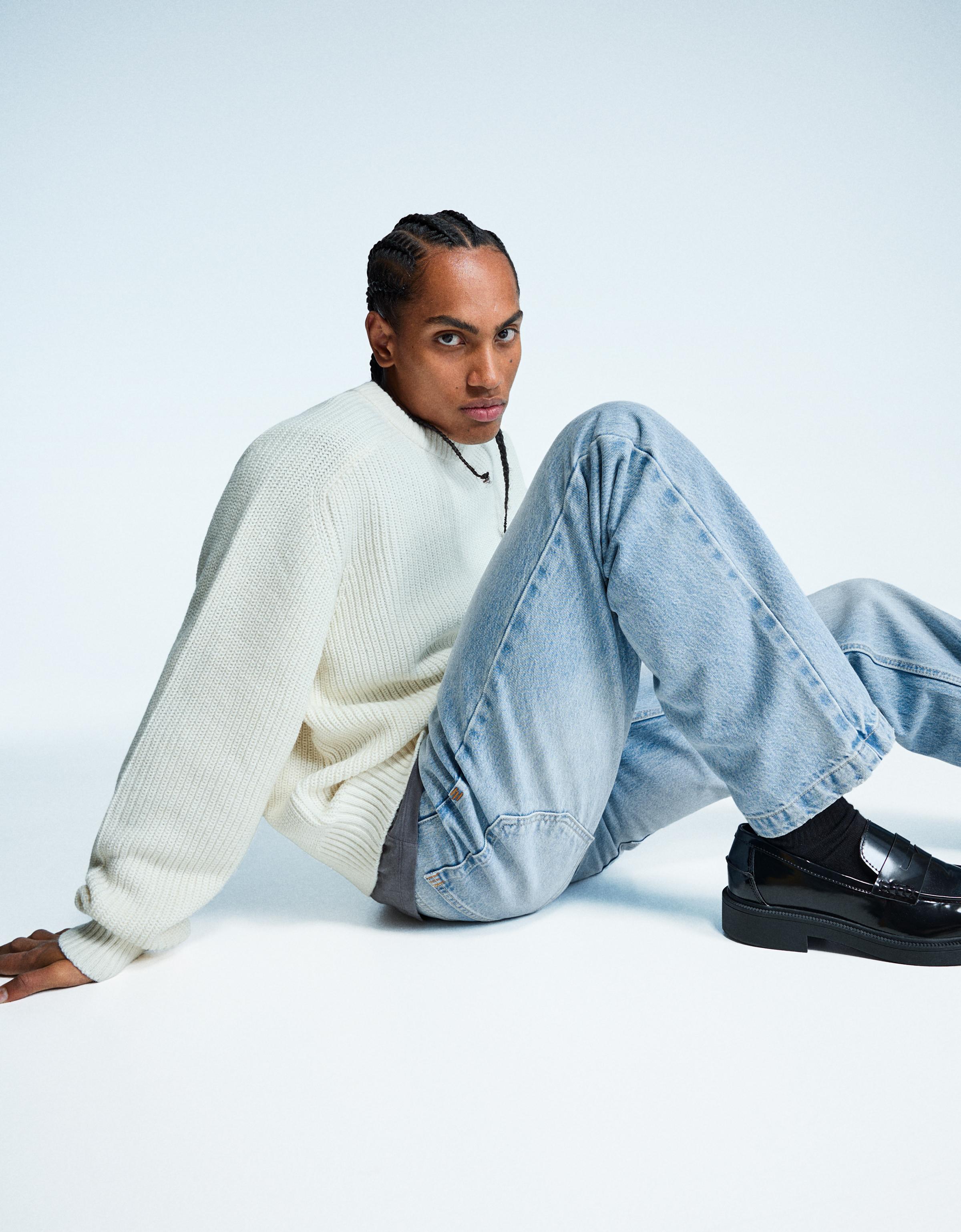 Bershka Straight-Jeans Relaxed-Fit Herren 46 Ausgewaschenes Blau