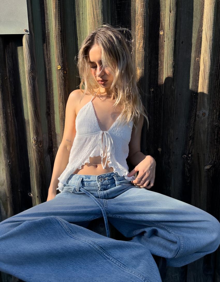 Jean balloon cropped cordon-Bleu lavé-0