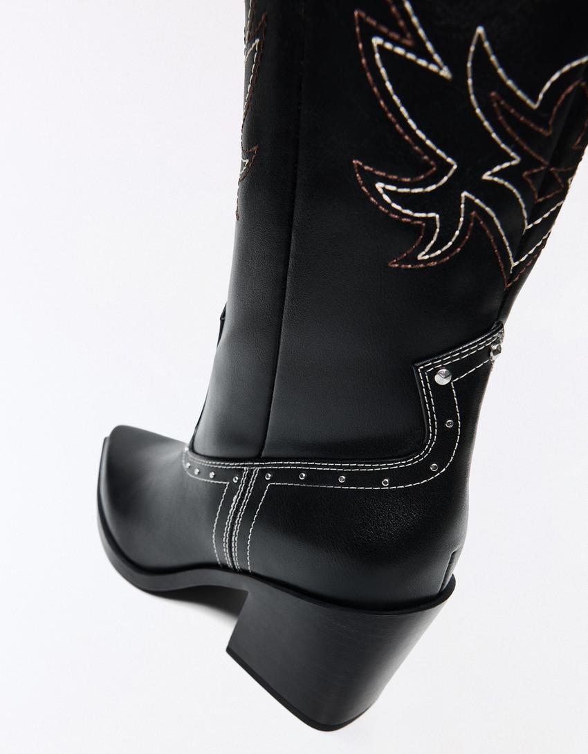 Cowboy studded heel boots-BLACK