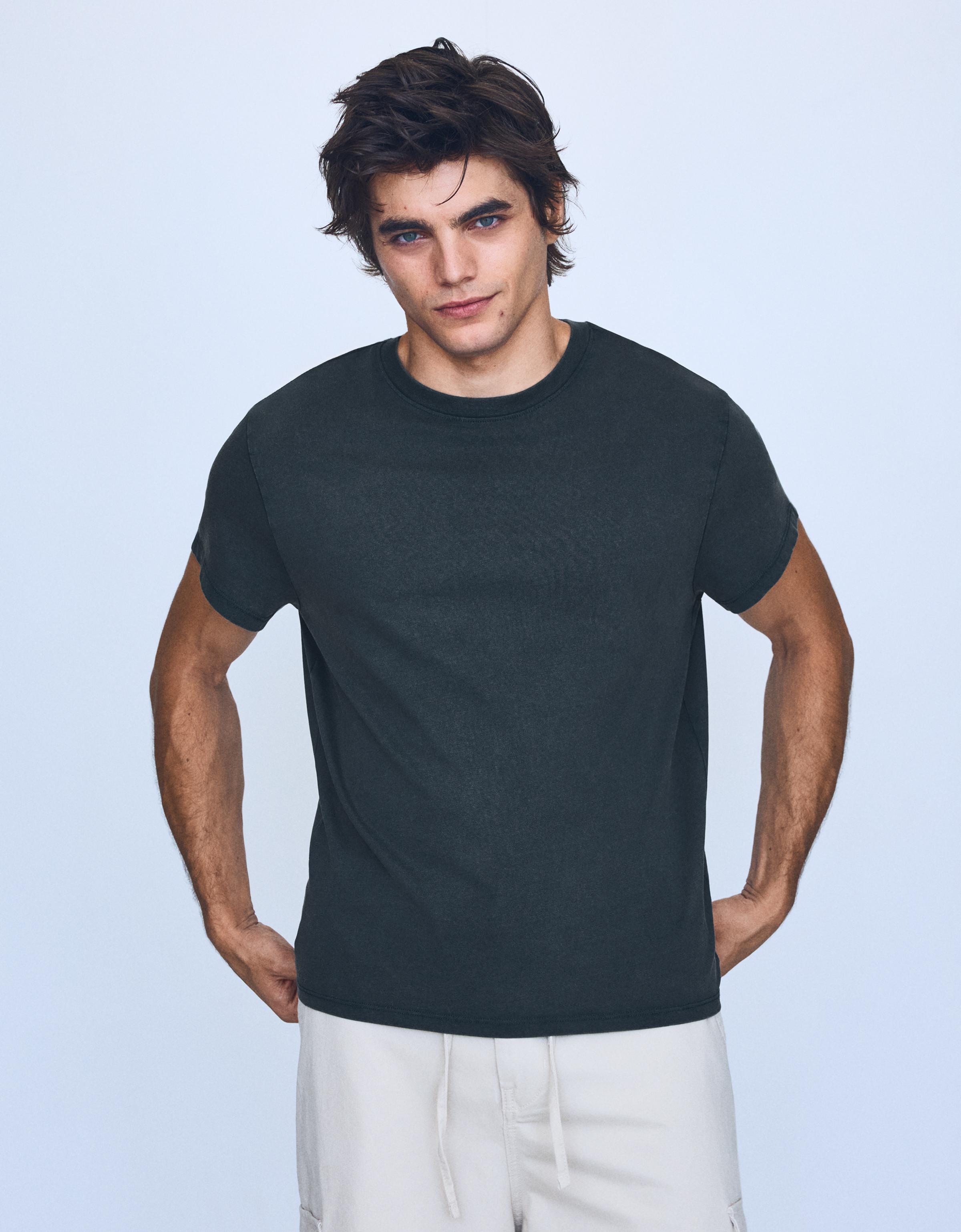 Bershka Camiseta Manga Corta Hombre Azul Oscuro