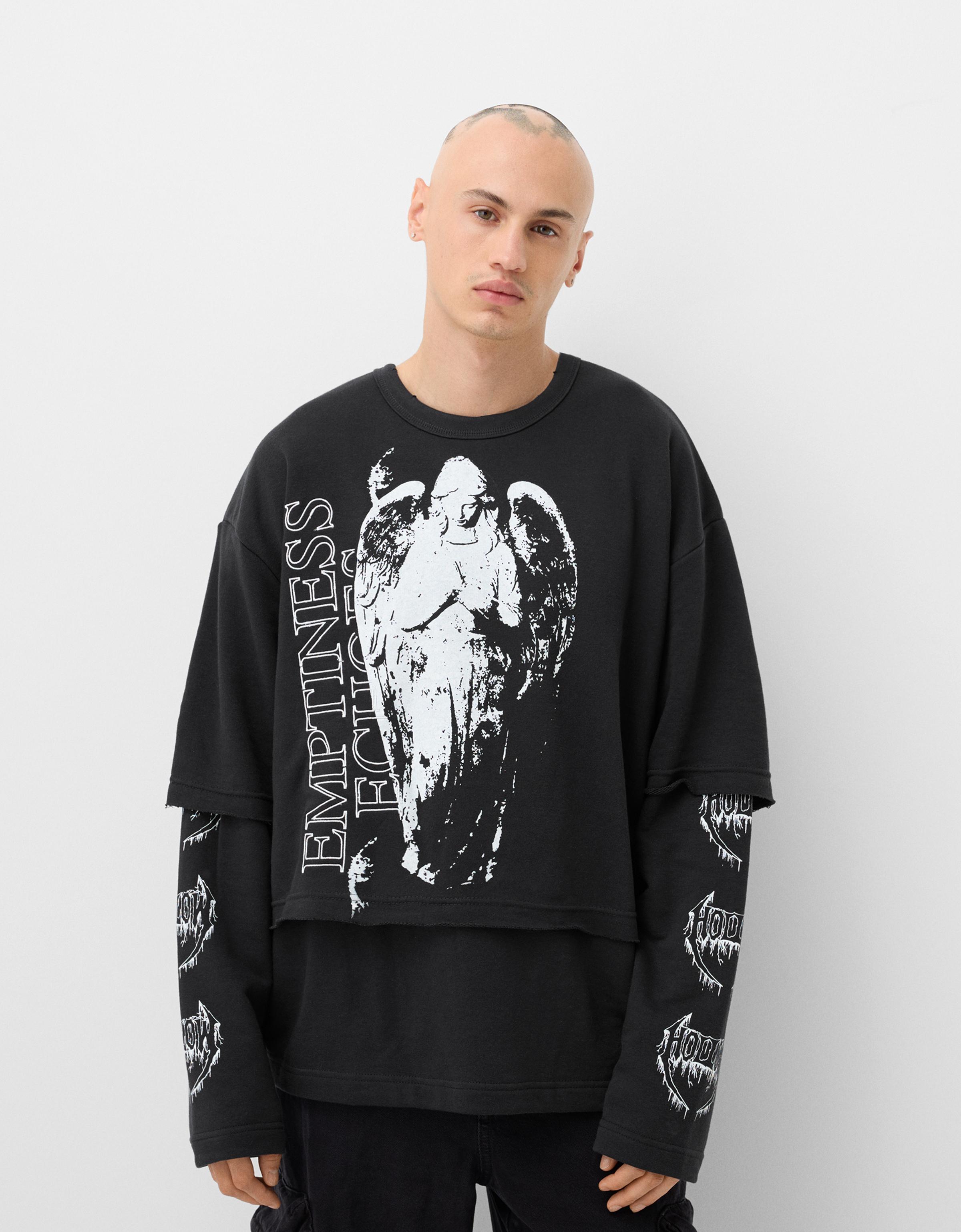 Bershka Sweatshirt Mit Doppelten Ärmeln Und Print Herren L Schwarz