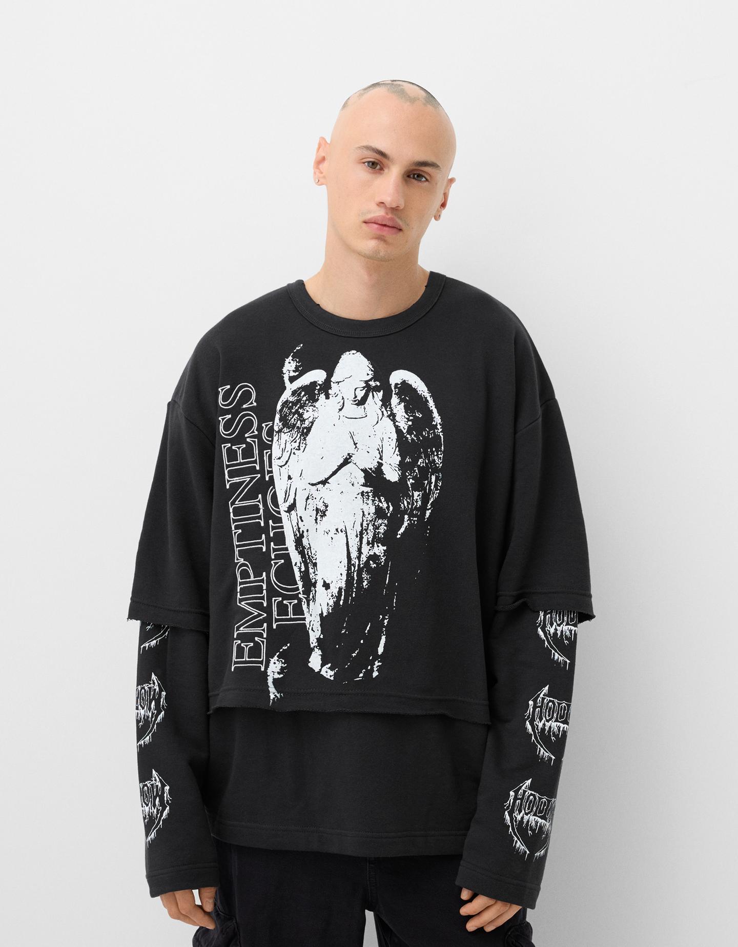 Bershka Sudadera Doble Manga Print Hombre Xl Negro