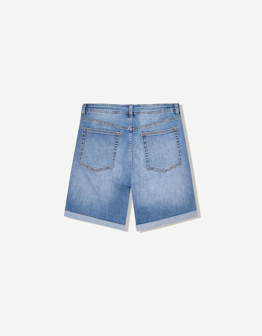 Bermuda denim bas retroussé-Bleu lavé