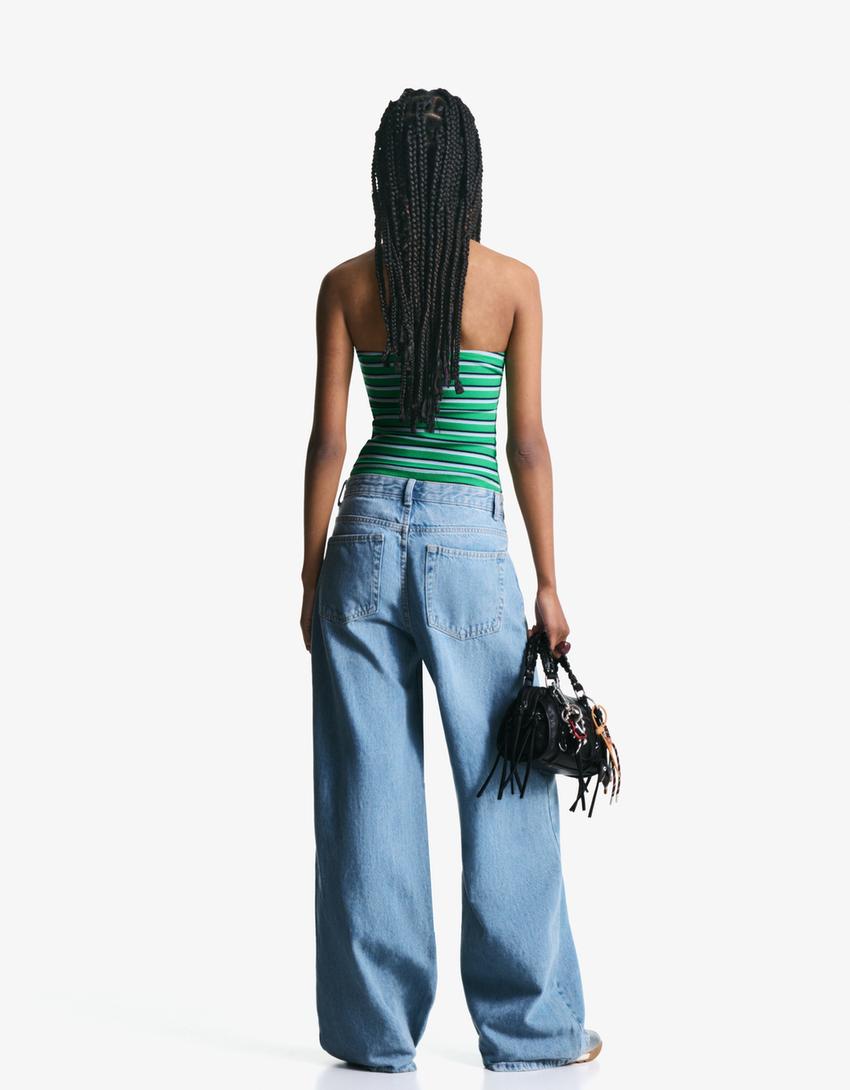 Wide-leg jeans with crossover waist-Light blue