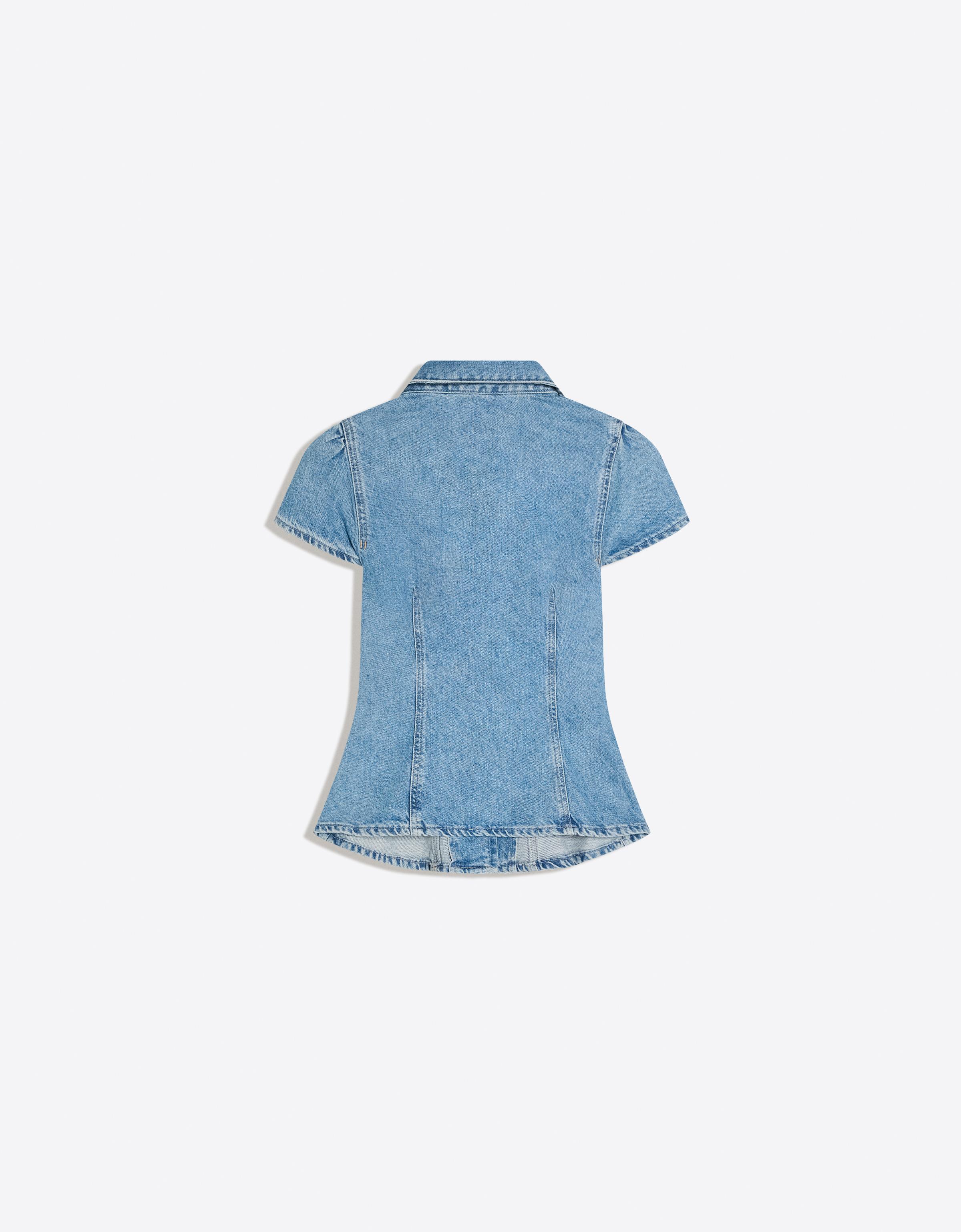 Balloon fit short-sleeve denim top — Light blue