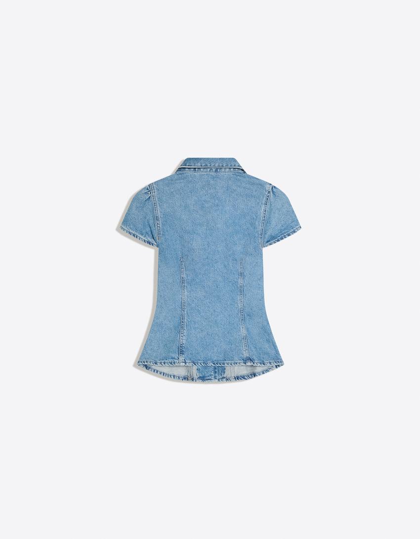 Balon kesim kısa kollu denim top-Açık mavi